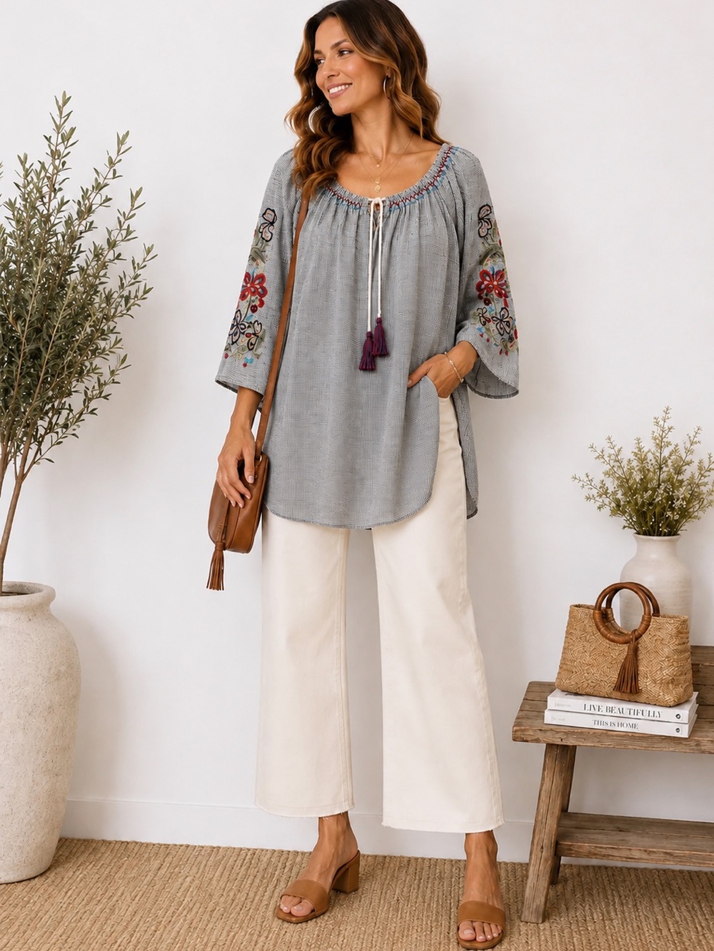Boho Embroidered Grey Peasant Tunic with Tassel Tie